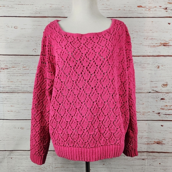 LUCKY BRAND Pink Pointelle Chenille Sweater (L) - Picture 2 of 7